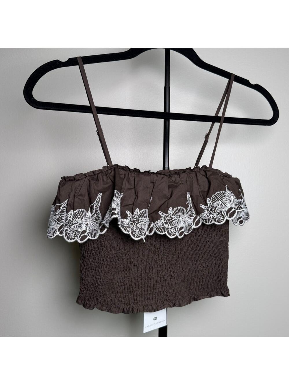 Brown Seashell Embroidered Ruffle Shirred Cotton Tank Caroline Constas XS NWT